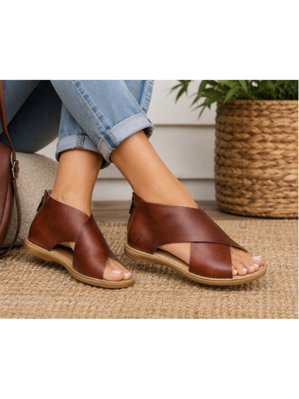 Born Crown Leather Cross Strap Open Toe Sandals Brown Back Zip Women’s 7M